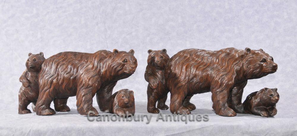 Paire Hand Carved Black Forest Bear Cub Statues familiales Brown Bears