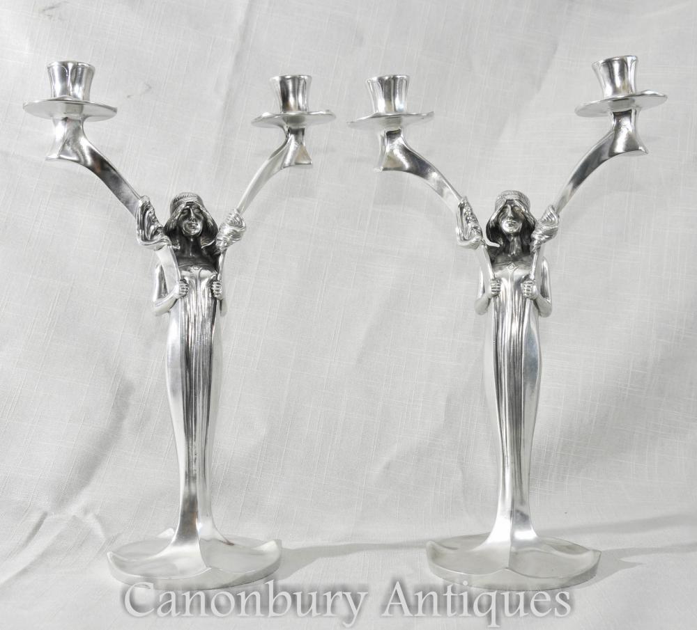 Paire de chandeliers Candelabras féminins Art Nouveau