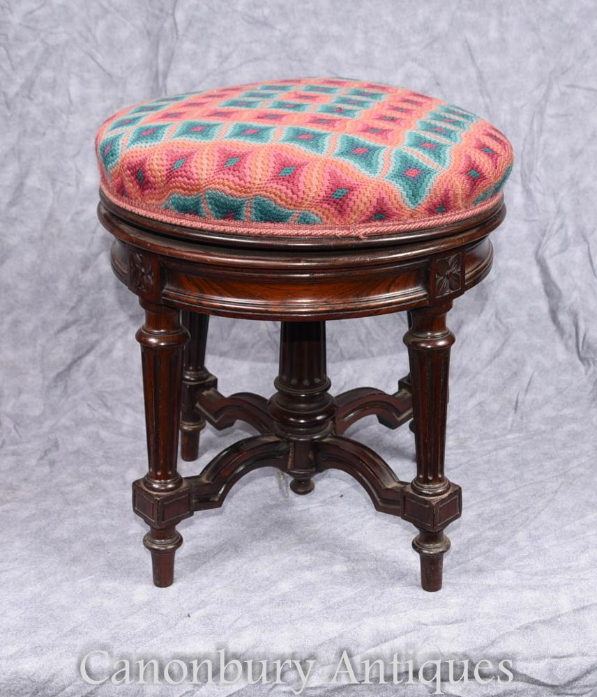 Tabouret de piano victorien antique Hauteur réglable Rosewood