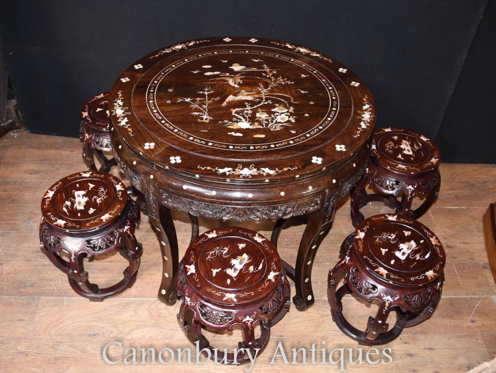 Tabouret de table en bois massif anti-chine Ensemble à manger Ensemble de mère de perle 1920