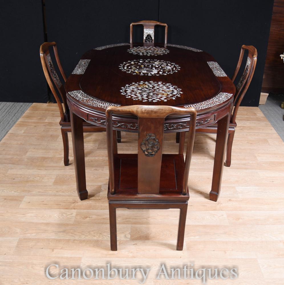 Antique Chinese Dining Set Table et chaises Inlay Mother of Pearl