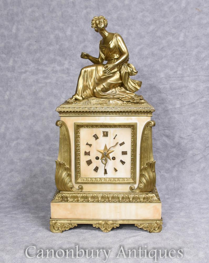 Horloge Antique Art Déco Française Marbre Ormolu Figurine 1930