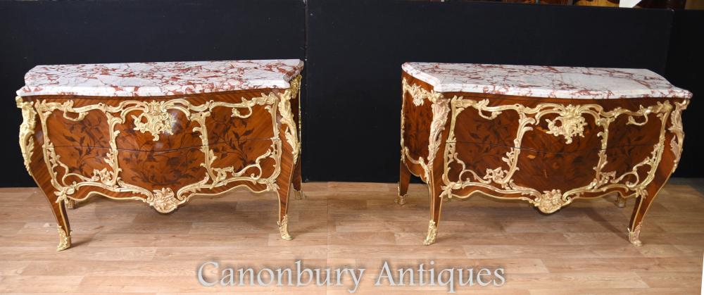 Pair Louis XVI Bombe Commodes Linke Marquetry Inlay Chest Drawers