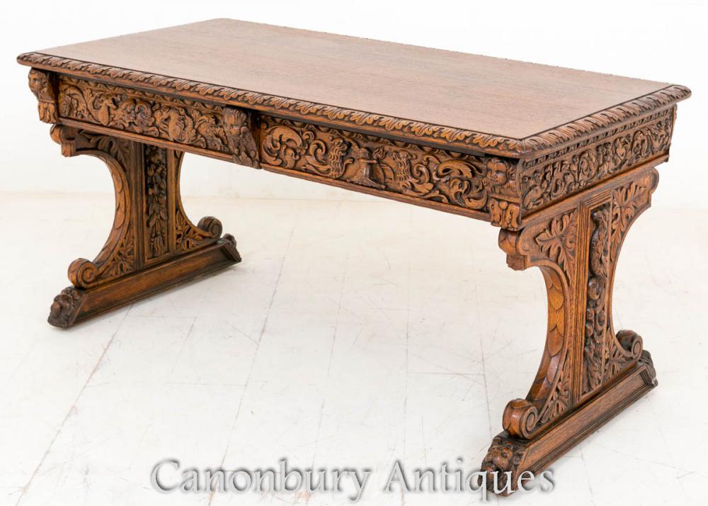 Table antique de bibliothèque de chêne sculpté Bureau baroque de table d'écriture