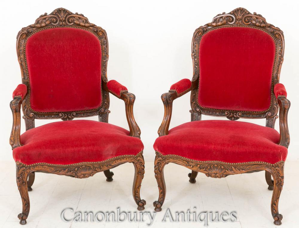 Couple Salon Français noyer Antique chaises fauteuil 1870