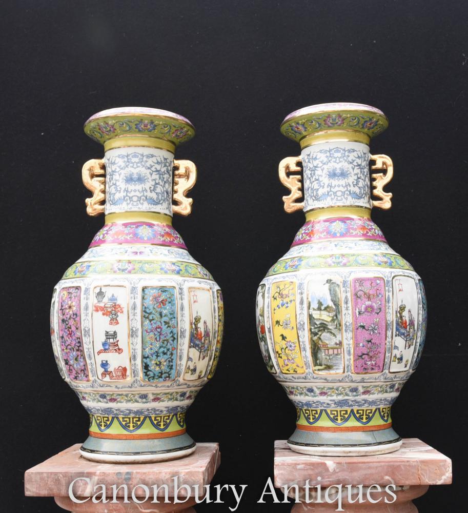 Pair Chinese Famille Rose Vases en porcelaine urnes