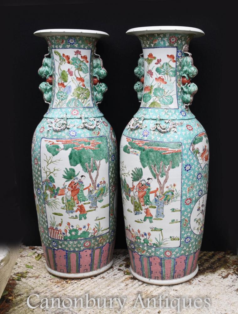 Pair Tall Chinese Famille Verte Porcelain Urns Vases
