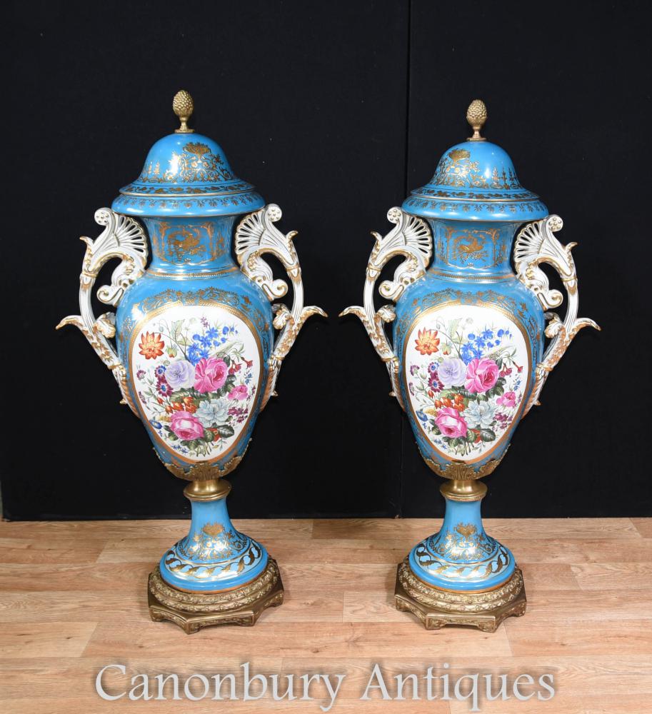 Paire Tall Sevres Porcelaine Floral Vases Urnes