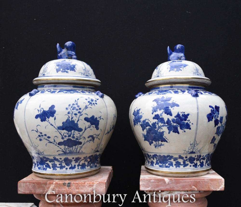 Paire de vases chinois en porcelaine bleue et blanche à couvercle en urne Kangxi