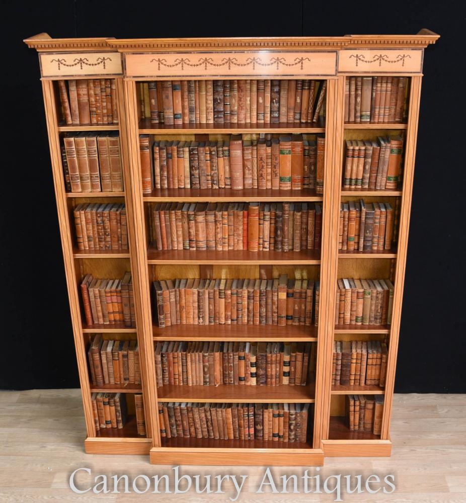 Regency Satinwood Open Bookcase Bibliothèques Sheraton Inlay Breakfront