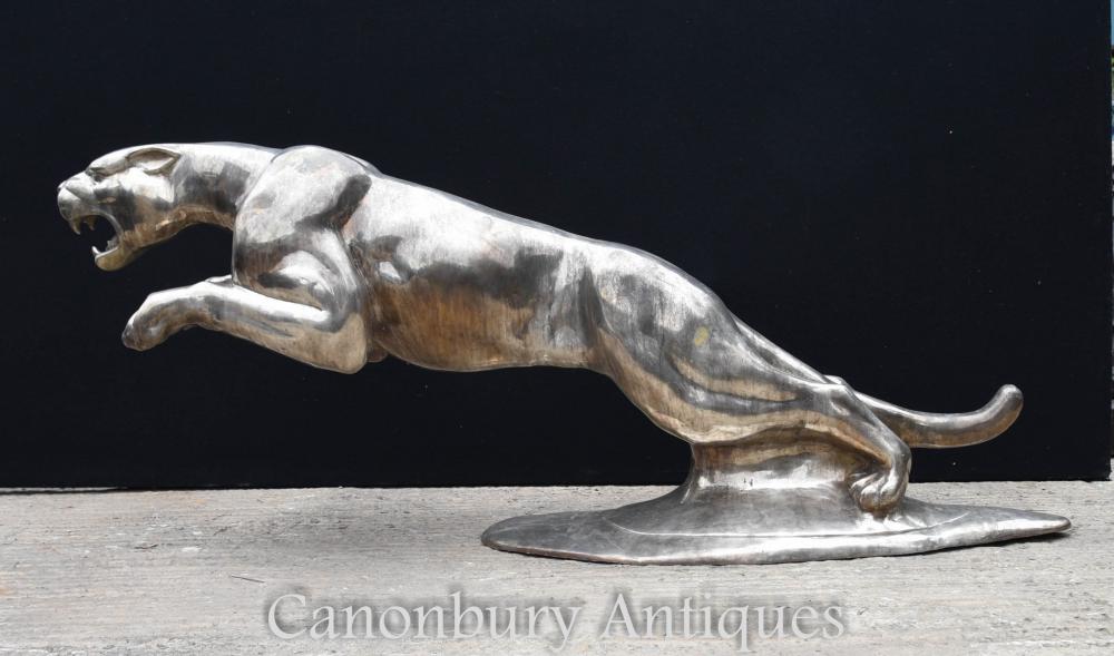 Statue de Jaguar Bronze Argenté Panthère Art Déco Ornement