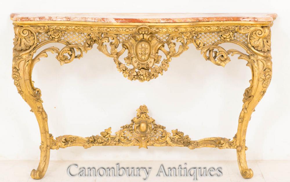 Table de console Victorian Gilt Wood Top en marbre rococo