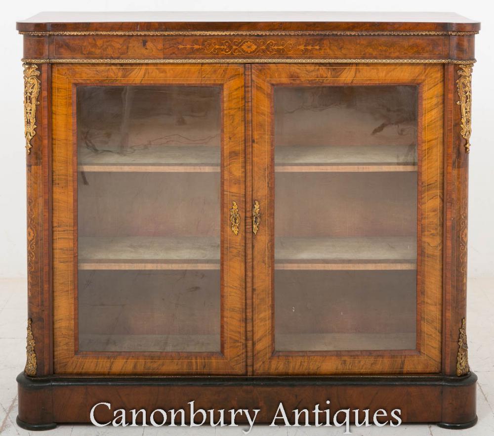 Étui vitré Victorian Burr Walnut Pier Cabinet 1860