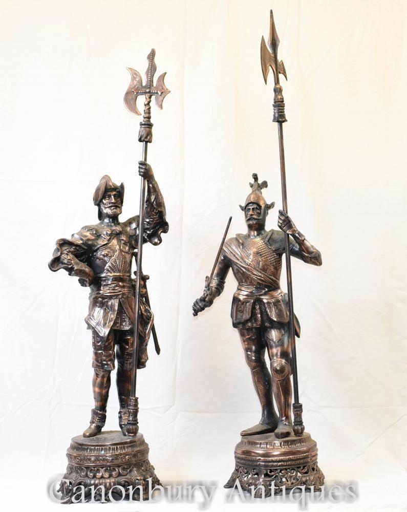 Paire Metal Spelter Anglais Chevalier Statues Château Chic Soldats