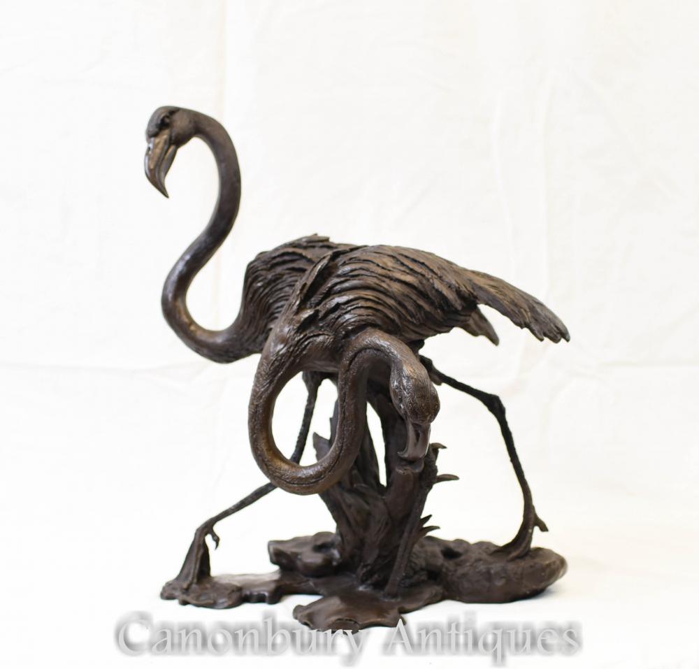 Paire Statues d'oiseaux Flamant Bronze Grues Gard