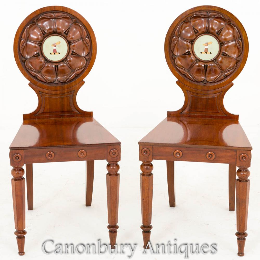 Paire William IV Mahogany Hall Chaises Accent Siège