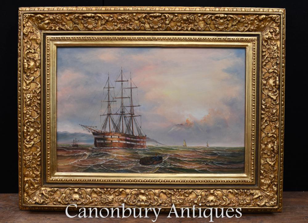 Peinture à l'huile victorienne Sea Scape maritime signé James Webb