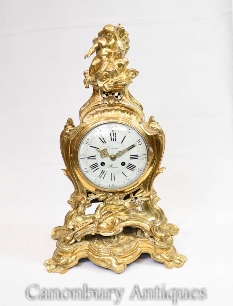 Pendule Antique Dorée en Or 18k, Chérubin Rococo 1880