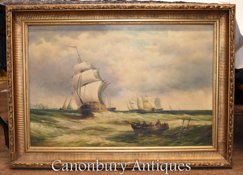 Victorien peinture à l'huile paysage marin Maritime Galleon navire signé A Hess