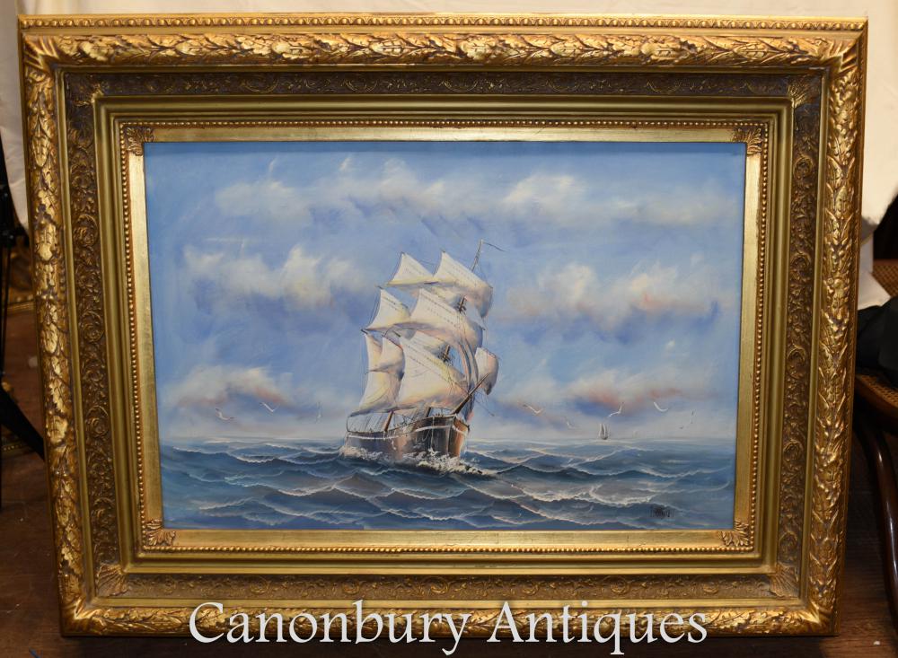 Anglais Peinture à l'huile Bateau Sea Scape Maritime Art