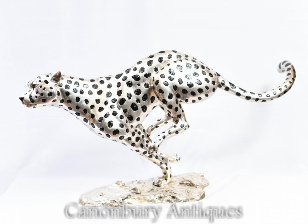 Argent Bronze Courir Guépard Chat Statue Art Déco Panthère