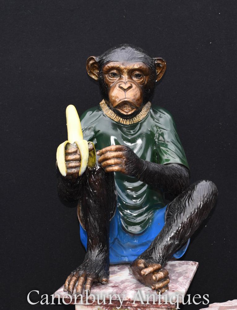 Paire De Statues De Singe Bronze Chimpanzé Ape