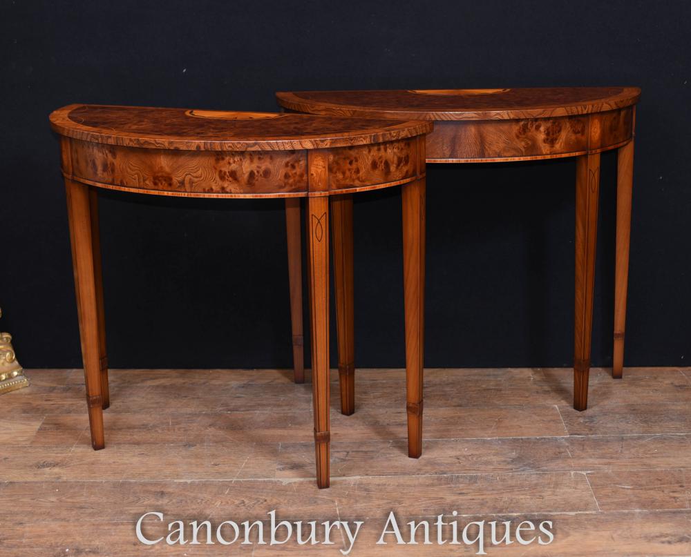 Paire Regency Adams Walnut Console Tables Demi Lune