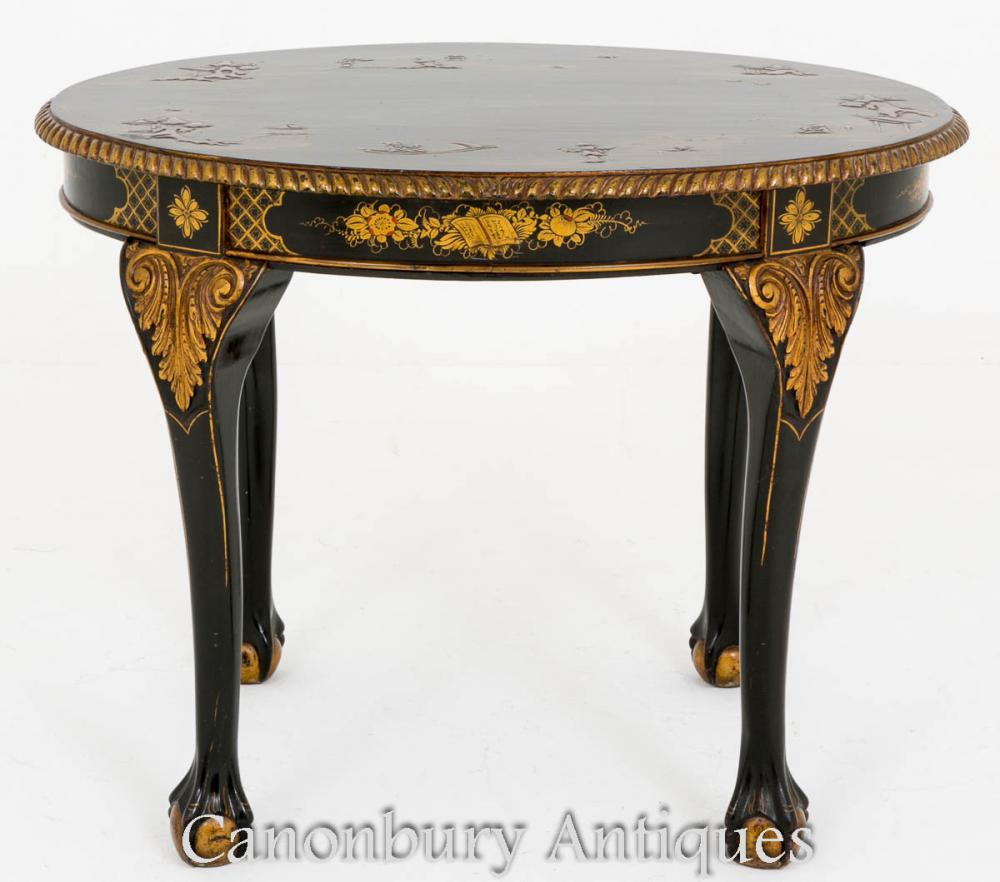 Chippendale Table d'Appoint Laquée Noire Chinoiserie 1890