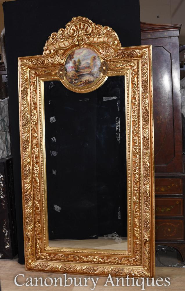 Miroir Français Doré Pierré Plaque Louis XV Peinte