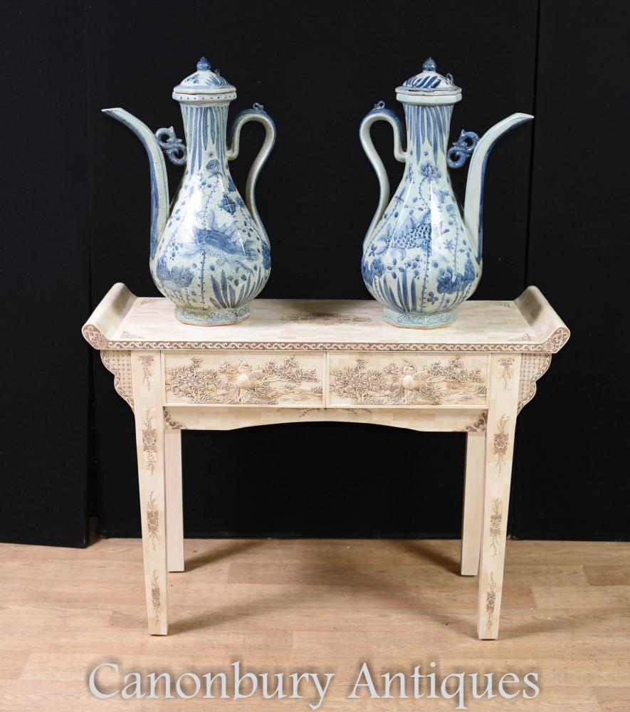 Paire de cruche chinoises en porcelaine bleue et blanche - Urnes de poterie de Nanking