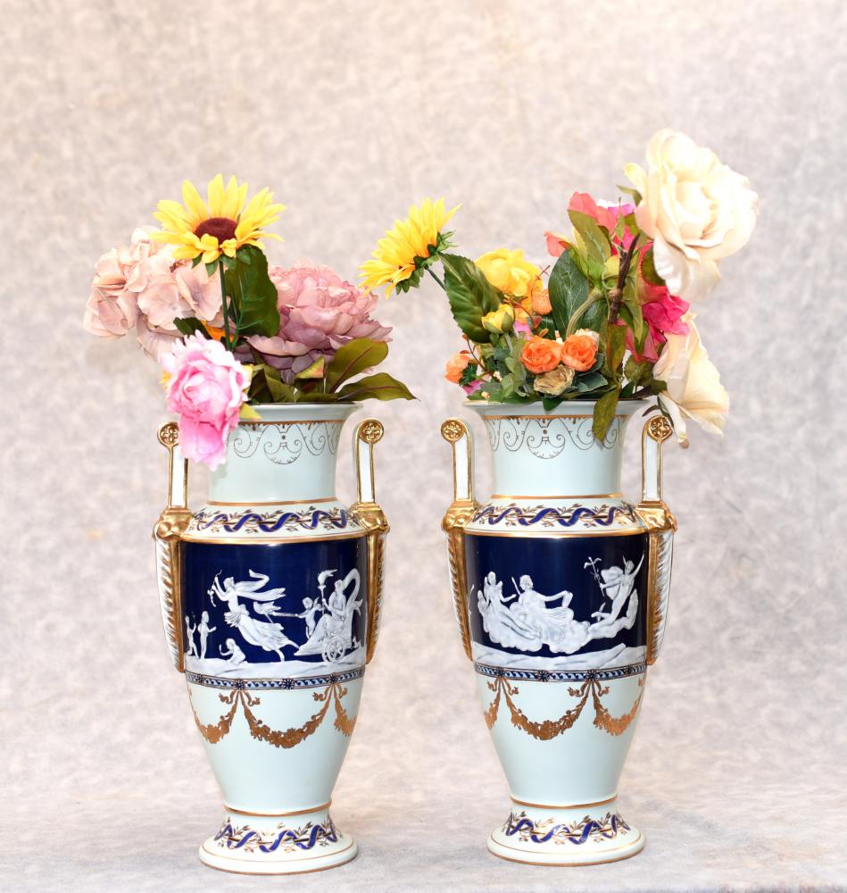 Pair German Meissen Pate Sur Pate Classical Urns Vases