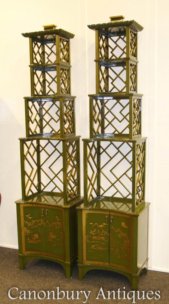 Paire Bibliothèques Etagere Laque Chinoise - Etagère Chinoiserie De Pagode