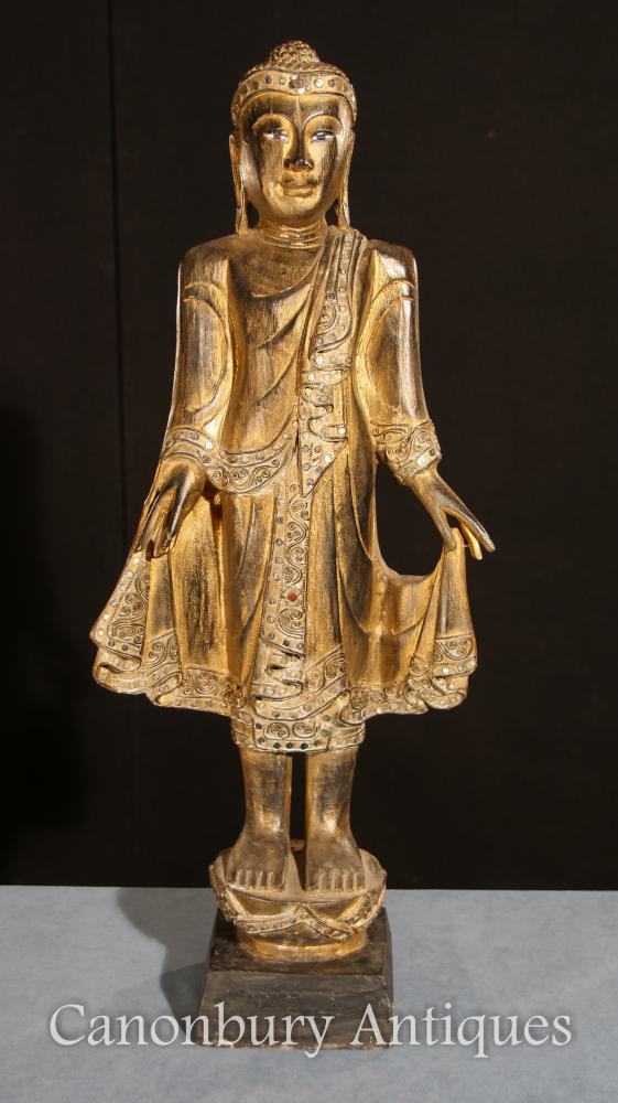 Statue de Bouddha Debout Sculpté à la Main Dorée Art Bouddhiste Tibétain