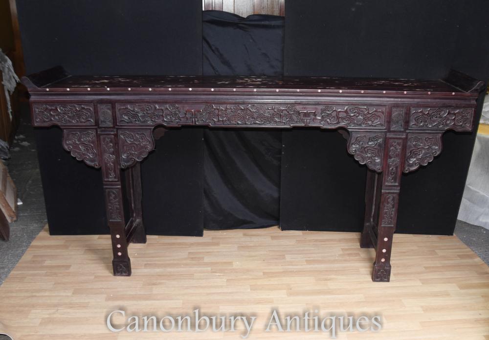 Table de temple d'autel en bois dur XL chinois Tables de console avec incrustations de nacre