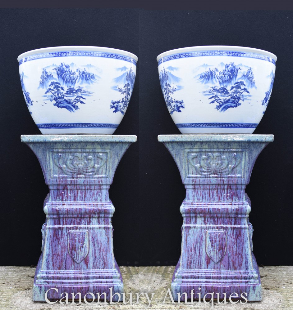 Paire De Jardinières En Porcelaine De Chine Bleu Et Blanc - Ming