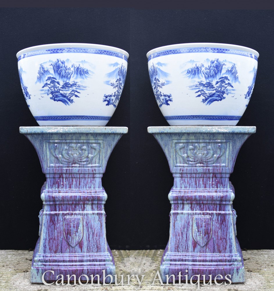 Paire Pots De Jardinières En Porcelaine De Chine Bleu Et Blanc - Ming