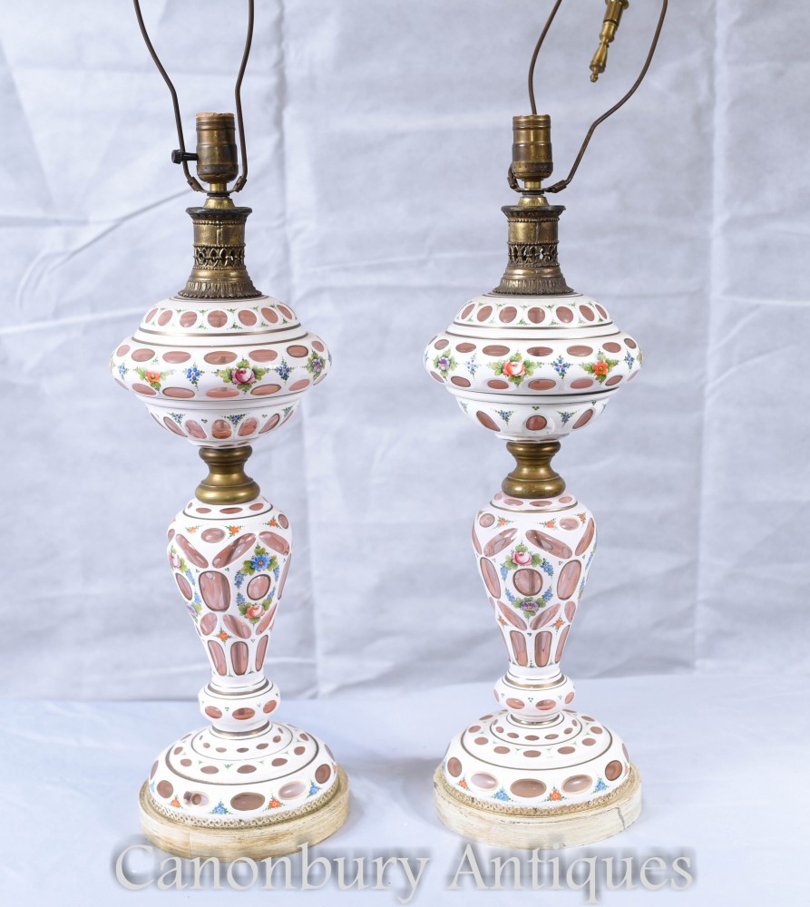 Paire de lampes de table en porcelaine allemande - lampes antiques en verre de Bohême