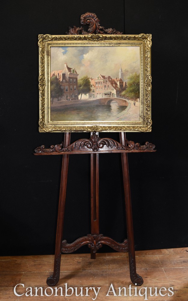 Peinture à l'huile ancienne Bruges River Scene Belgian