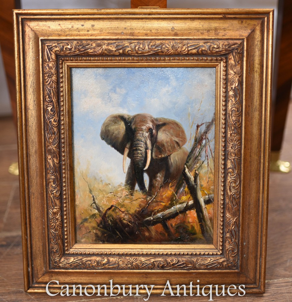 Peinture à l'huile éléphant africain doré cadre