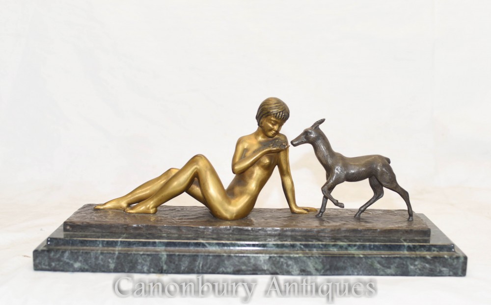 Statue Bronze Art Deco - Nu et Chien par Renaud Circa 1925