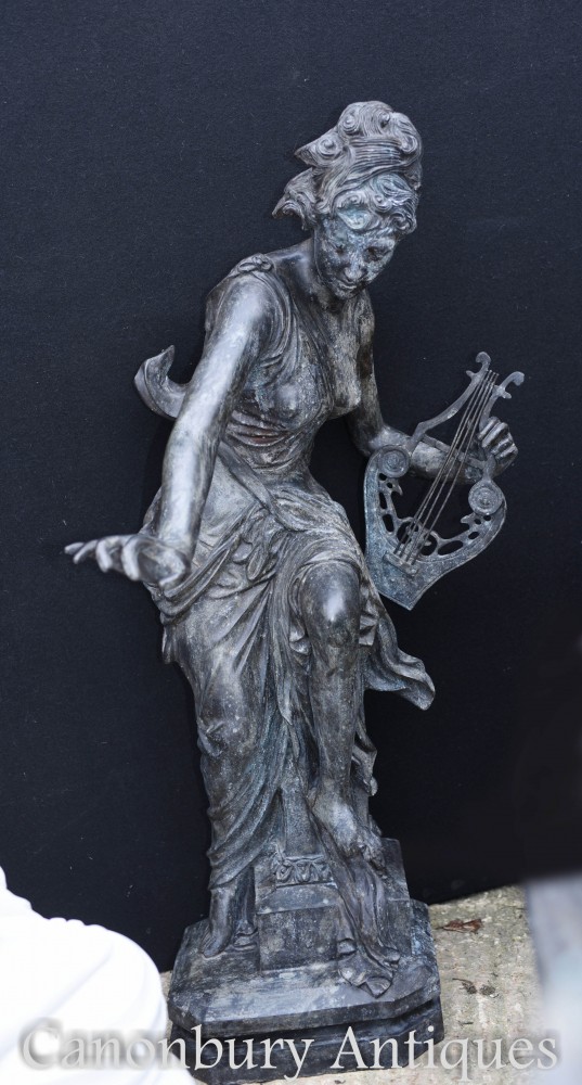 Statue de bronze de jeune fille romaine - Grande figurine en lyre classique