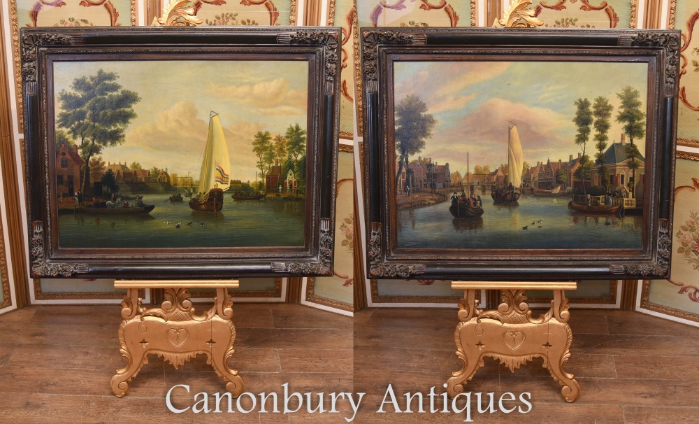 Paire de peintures à l'huile hollandaises anciennes scènes de bateau Riverscape 1860