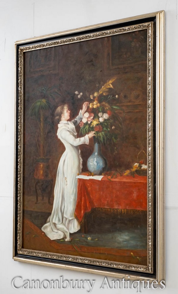 Peinture à l'huile victorienne Fleur Arranger Fille - Portrait Floral