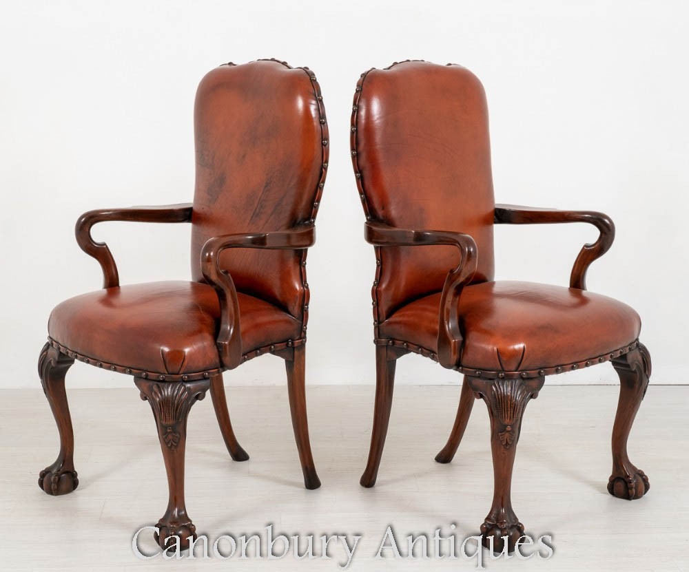 Chaises de bibliothèque Queen Anne - Fauteuil en cuir antique