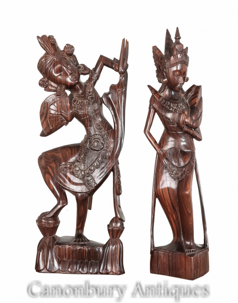 Paire Antique Sculpté Statues De Bouddha Femmes Indiennes En Palissandre 1920