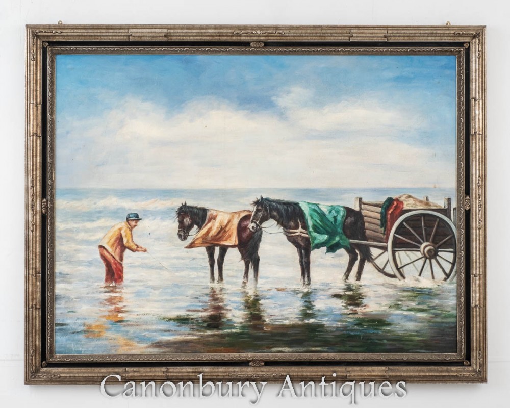 Peinture à l'huile hollandaise cheval et chariot Portrait de pêche aux crevettes