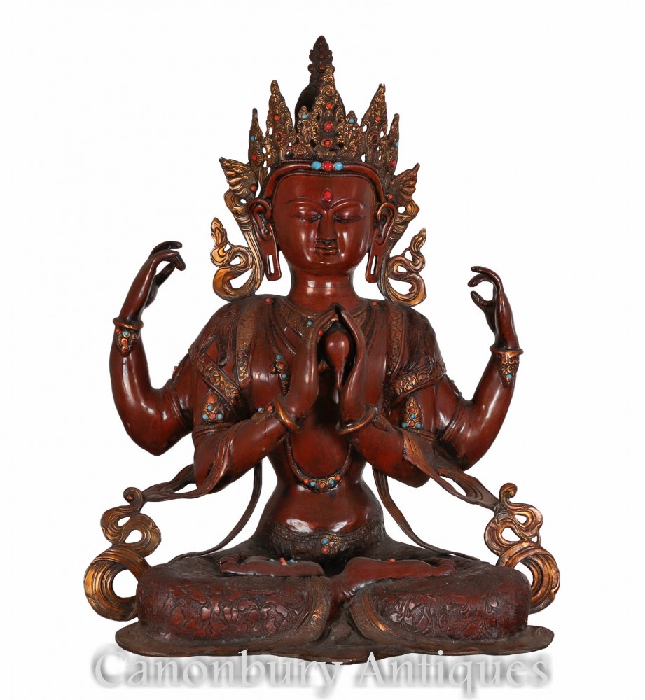 Statue de Bouddha Amitabha sculptée à la main - Art bouddhiste népalais à bras multiples