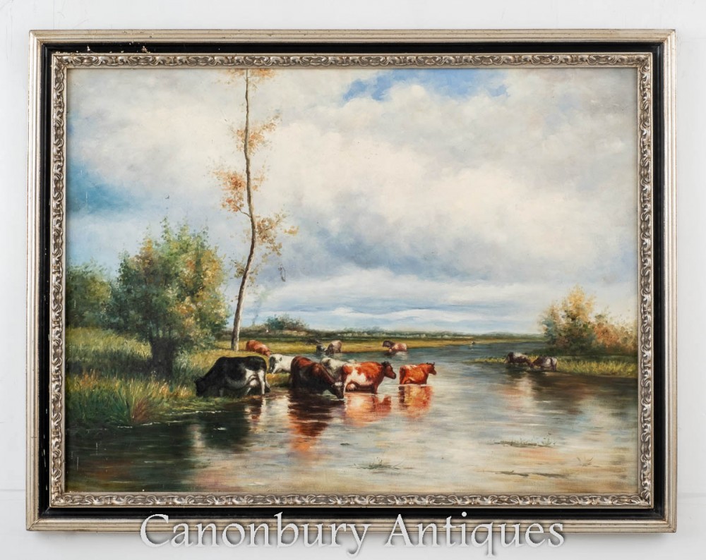 Victorian Oil Painting Pastoral River Scene Paysage Constable