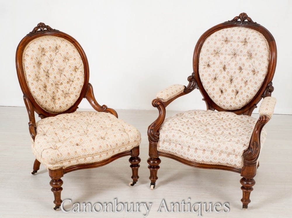 Paire De Chaises Victoriennes Pour Lui Et Lui - Fauteuil Antique 1870