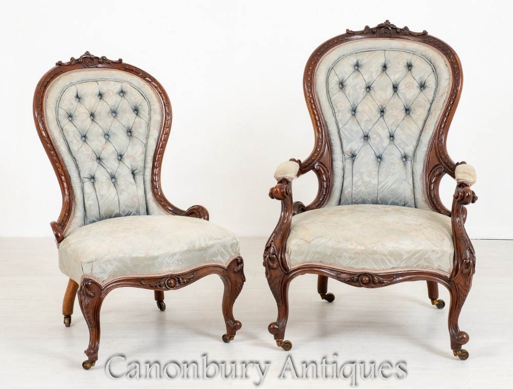 Paire de chaises de salon victoriennes - fauteuils pour lui et lui 1860